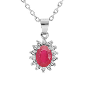 Collier en argent rhodié chaîne avec pendentif fleur de Rubis véritable et contour de Topazes blanch