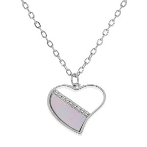 Collier en argent rhodié chaîne avec pendentif coeur et Nacre véritable 42+3cm