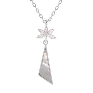 Collier en argent rhodié chaîne avec pendentif Nacre véritable et oxydes blancs sertis réglableable 39, 41 et 43cm