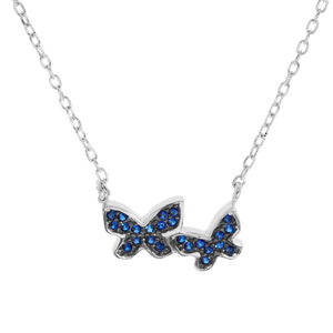 Collier en argent rhodié chaîne avec papillons en oxydes bleu foncé 42+3cm