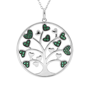 Collier en argent rhodié massif chaîne avec pendentif arbre de vie 30mm et coeurs oxydes verts 44,5+4,5cm