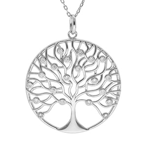 Collier en argent rhodié chaîne avec pendentif médaille découpée arbre de vie 30mm oxydes blancs ser