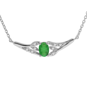 Collier en argent rhodié chaîne avec Emeraude véritable et feuillage de Topazes blanches 42+3cm