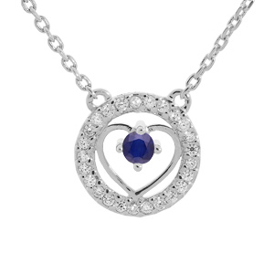Collier en argent rhodié chaîne avec pendentif coeur Saphir véritable et contour Topazes blanches 42+3cm