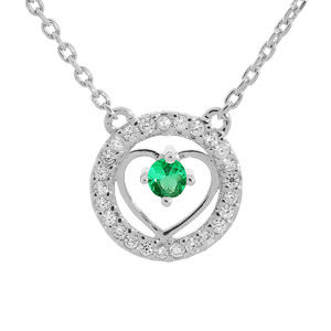 Collier en argent rhodié chaîne avec pendentif coeur Emeraude véritable et contour Topazes blanches 