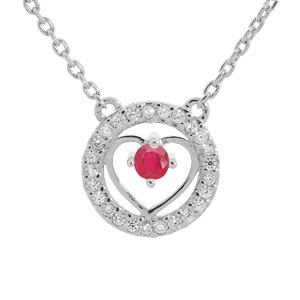 Collier en argent rhodié chaîne avec pendentif coeur Rubis véritable et contour Topazes blanches 42+