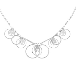 Collier en argent rhodié chaîne avec multi cercles et pampilles arbre de vie 40+5cm
