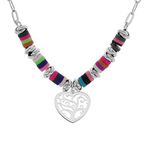 Collier en argent rhodié avec perles cocktail couleurs et pastille coeur 40+5cm
