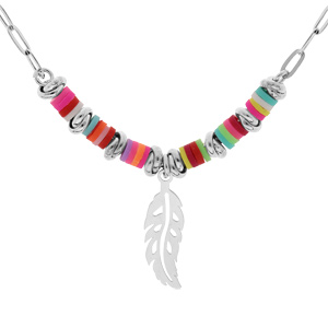 Collier en argent rhodié avec perles cocktail couleurs et pastille plume 42+3cm