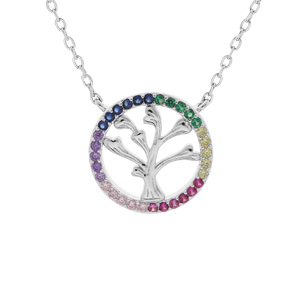Collier en argent rhodié chaîne avec pendentif arbre de vie contour oxydes multicouleurs 44cm réglable 42-40cm