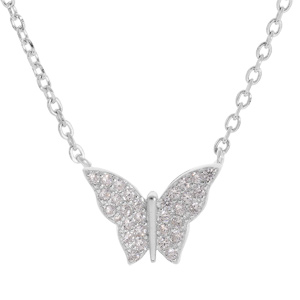 Collier en argent rhodié chaîne avec papillon pavé d'oxydes blancs sertis règlable 39, 41 et 43cm