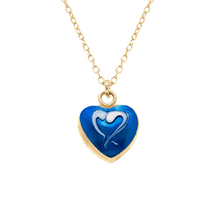 Collier en argent doré pendentif coeur bombé résine a chaud bleu foncé recto verso - 41+3cm