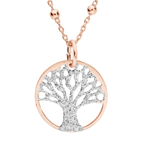 Collier argent et dorure rose chaîne avec pendentif arbre de vie granité 15mm 38+5cm