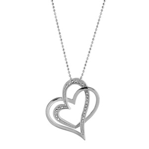 Collier en argent rhodié chaîne boule avec pendentif 2 coeurs entremêlés, 1 lisse et l'autre ouvragé