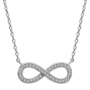 Collier en argent rhodié chaîne avec pendentif symbole infini orné d’oxydes blancs au milieu – longueur 40cm + 4cm de rallonge