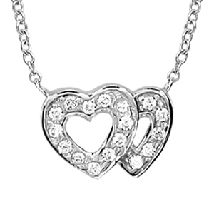 Collier en argent rhodié chaîne avec pendentif 2 coeurs superposés évidés et ornés d’oxydes blancs sertis – longueur 40cm + 4cm de rallonge