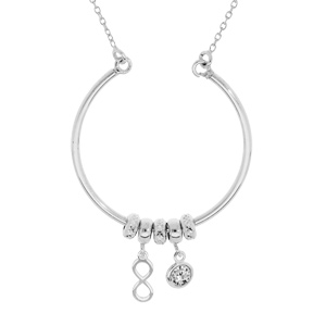 Collier en argent rhodié chaîne avec pendentif cercle avec anneaux et pampilles motif infini et oxyde blanc serti 42+2,5cm