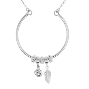 Collier en argent rhodié chaîne avec pendentif cercle avec anneaux et pampilles motif plume et oxyde blanc serti 42+2,5cm