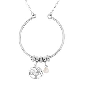 Collier en argent rhodié chaîne avec pendentif cercle avec anneaux et pampilles arbre de vie et perle blanche de culture d’eau douce 40+5cm