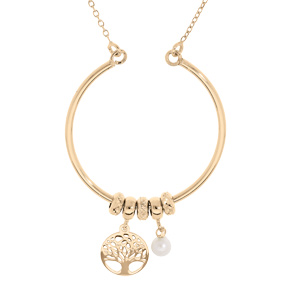 Collier en argent et doré jaune avec cercle avec anneaux et pampilles arbre de vie et perle blanche de culture d’eau douce 40+5cm