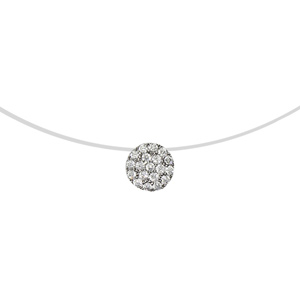 Collier en argent rhodié fil en nylon avec pendentif rond orné d'oxydes blancs - longueur 41cm