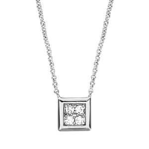 Collier en argent rhodié chaîne avec pendentif carré avec 4 oxydes blancs sertis et bords lisses – longueur 40cm + 4cm de rallonge