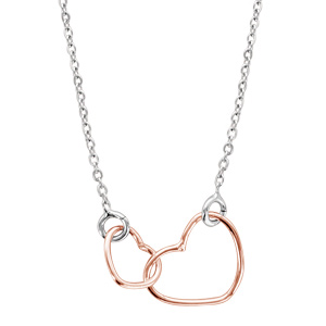 Collier en argent rhodié chaîne avec pendentif 2 coeurs dorés roses emmaillés – longueur 40cm + 5cm de rallonge