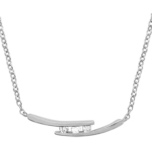 Collier en argent rhodié chaîne avec pendentif 2 baguettes lisses avec 3 oxydes blancs entre les 2 – longueur 44,5cm + 3,5cm de rallonge