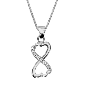Collier en argent rhodié chaîne avec pendentif infini formé avec 2 coeurs avec 1 partie lisse et l’autre ornée d’oxydes blancs – longueur 42cm + 3cm de rallonge