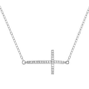 Collier en argent rhodié chaîne avec pendentif 1 grande croix chrétienne ornée d’oxydes blancs sertis – longueur 43cm + 2cm de rallonge