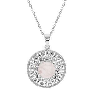 Collier en argent rhodié chaîne avec pendentif ethnique et pierre Quartz rose véritable 42+3cm