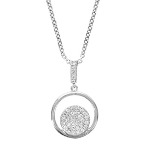 Collier en argent rhodié chaîne avec pendentif anneau avec rond pavé d’oxydes blancs sertis à l’intérieur et bélière ornée d’oxydes blancs – longueur 40cm + 4cm de rallonge