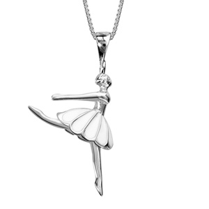 Collier en argent rhodié chaîne avec pendentif danseuse avec tutu blanc – longueur 42cm + 3cm de rallonge