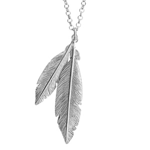 Collier en argent rhodié chaîne avec pendentif 2 plumes - longueur 42cm + 5cm de rallonge