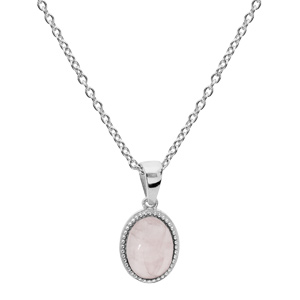 Collier en argent rhodié chaîne avec pendentif pierre pierre Quartz rose véritable et contour perlé 