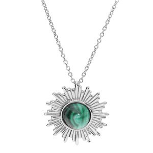 Collier en argent rhodié chaîne avec pendentif soleil stylisé et Malachite véritable 42+3cm