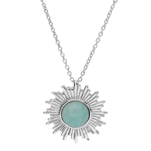 Collier en argent rhodié chaîne avec pendentif soleil stylisé et Amazonite véritable 42+3cm