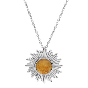 Collier en argent rhodié chaîne avec pendentif soleil stylisé et Ambre véritable 42+3cm