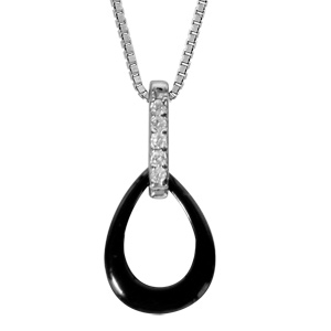collier en argent rhodié chaîne avec pendentif ovale céramique noire barrette oxydes sertis 42+3cm