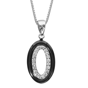 collier en argent rhodié chaîne avec pendentif anneau ovale en céramique noire avec anneau ovale orné d'oxydes blancs sertis à l'intérieur - longueur 42cm + 3cm de rallonge