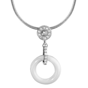 collier en argent rhodié pendentif cercle céramique blanche 42+3cm