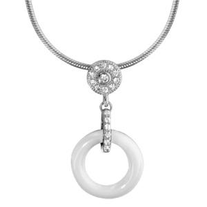 Collier en argent rhodié pendentif cercle céramique blanche 42+3cm