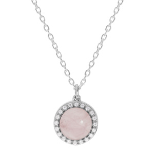 Collier en argent rhodié chaîne avec pendentif pierre Quartz rose naturelle ronde et contour d'oxyde