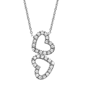 Collier en argent rhodié chaîne avec pendentif 2 coeurs ornés d'oxydes sertis disposés en sens inver