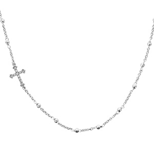 Collier en argent rhodié chaine avec boules lisses à intervalles réguliers et 1 croix horizontale -