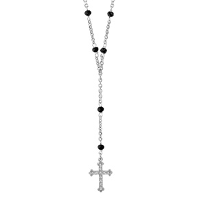 Collier en argent rhodié forme Y chaine avec oxydes noirs à intervalles réguliers et croix au bout -