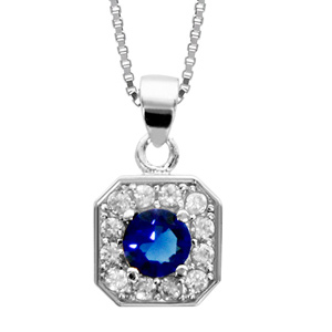 Collier en argent rhodié collection joaillerie chaîne avec pendentif carré avec angles bisautés et oxydes sertis blancs disposés en forme de fleur avec coeur en oxyde bleu – longueur 42cm + 3cm de rallonge