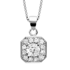 Collier en argent rhodié chaîne avec pendentif carré avec angles bisautés et oxydes sertis blancs di