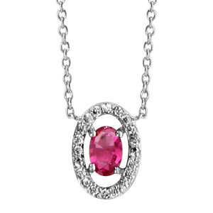Collier en argent rhodié collection joaillerie chaîne avec pendentif oxyde ovale fuchsia et entourage d’oxydes blancs sertis – longueur 40cm + 4cm de rallonge