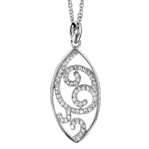 Collier en argent rhodié chaîne avec pendentif amande ajourée en arabesques ornées d'oxydes blancs s